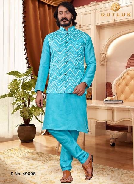 Sky Blue Colour Art Silk Wedding Wear Kurta Pajama With Jacket Mens Collection 49008